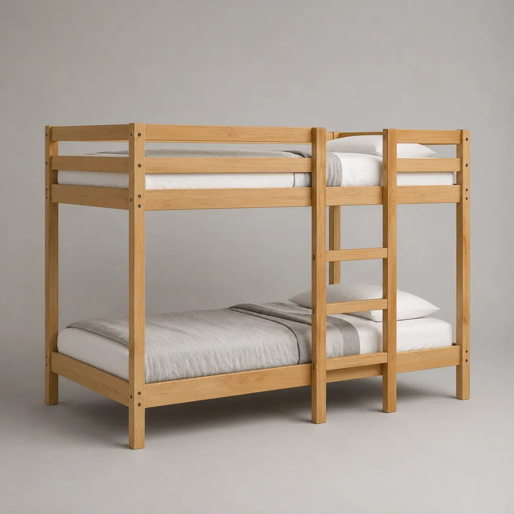 Lit superposé enfant 90 x 200 cm bois massif beige avec échelle et barrières de sécurité