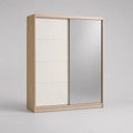Armoire 2 portes coulissantes 180 x 60 x 200 cm en MDF effet chêne clair avec miroir forme rectangulaire