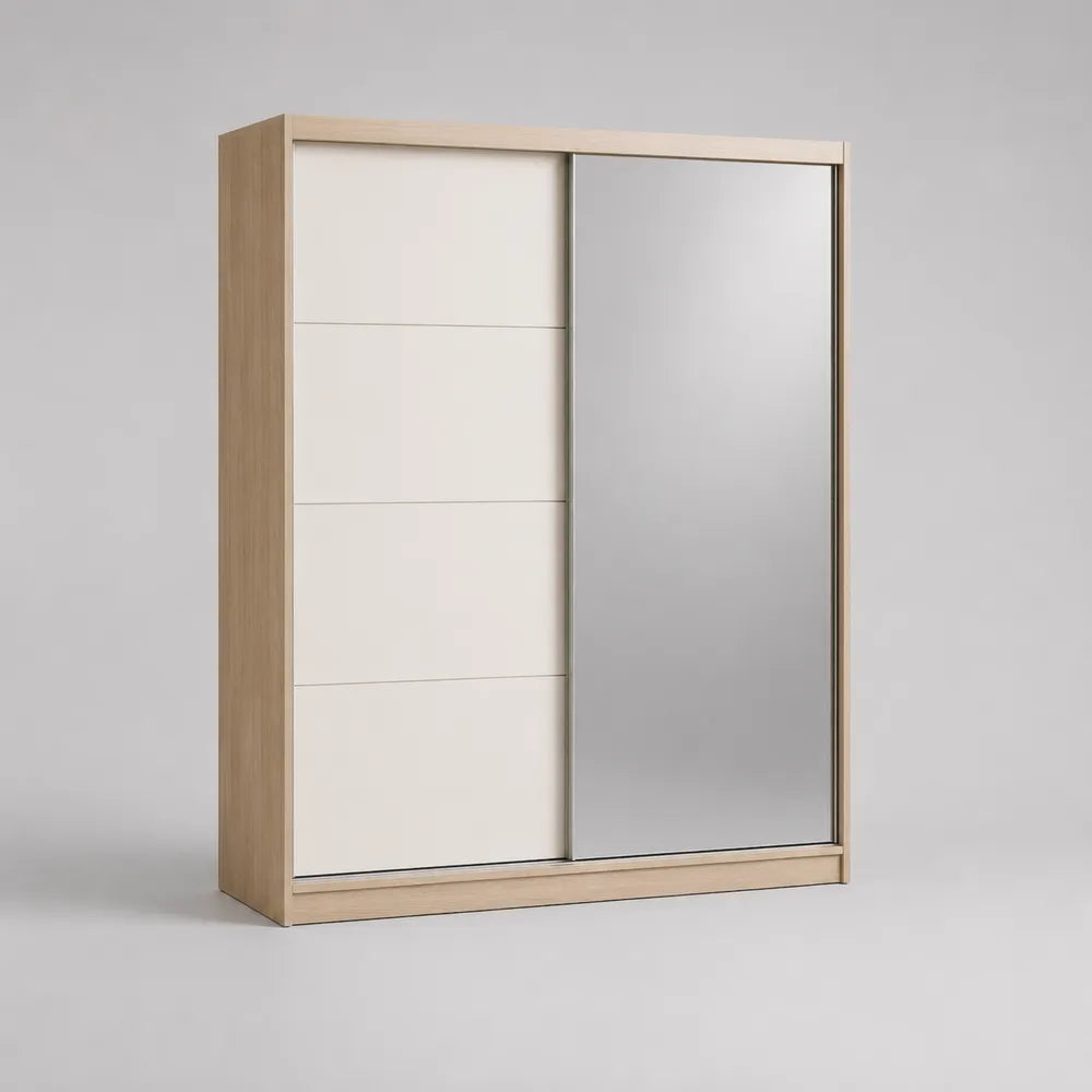 Armoire 2 portes coulissantes 180 x 60 x 200 cm en MDF effet chêne clair avec miroir forme rectangulaire