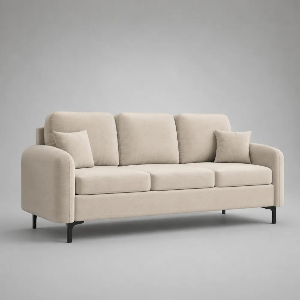 Canapé 3 places 220x90x85 cm en polyester beige avec coussins et pieds en acier noir