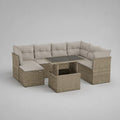 Salon de jardin d'angle 6 places en résine tressée beige avec coussins polyester et table basse en verre 270 x 210 x 75 cm