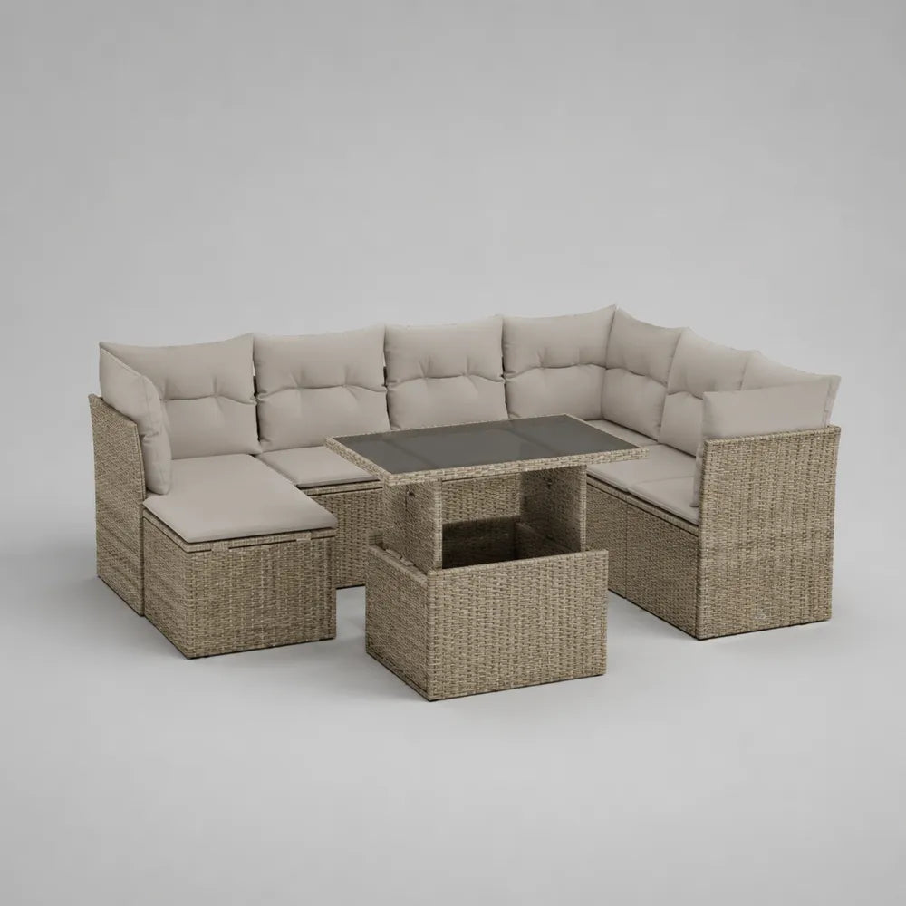 Salon de jardin d'angle 6 places en résine tressée beige avec coussins polyester et table basse en verre 270 x 210 x 75 cm
