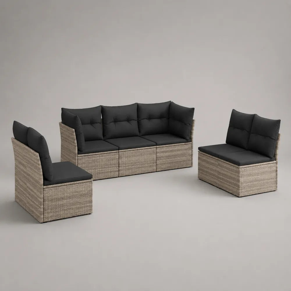 Salon de jardin modulable 5 places en résine tressée beige avec coussins gris anthracite 250 x 180 x 75 cm