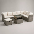 Salon de jardin d'angle 8 places en résine tressée beige avec coussins polyester et table basse en verre 300 x 220 x 75 cm