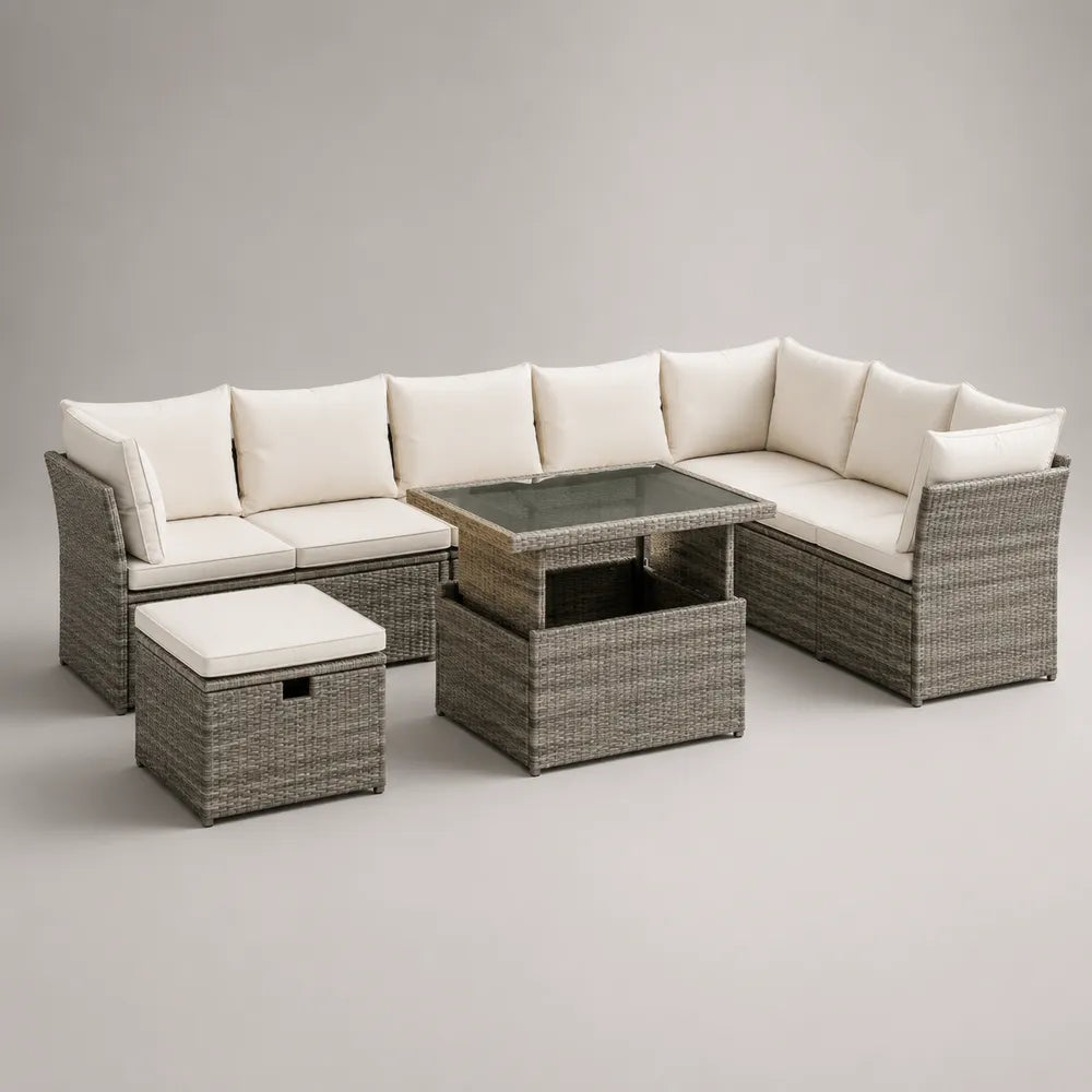 Salon de jardin d'angle 8 places en résine tressée beige avec coussins polyester et table basse en verre 300 x 220 x 75 cm