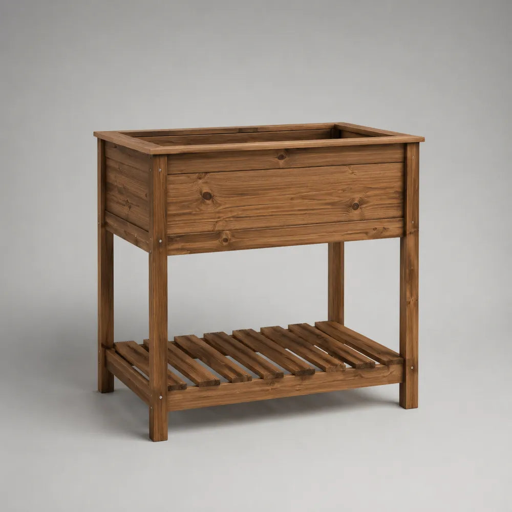 Bac à fleurs de jardin surélevé en bois de pin marron avec étagère inférieure 100 x 40 x 95 cm