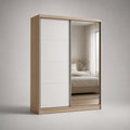 Armoire 2 portes coulissantes 180 x 60 x 200 cm en MDF effet chêne clair avec miroir forme rectangulaire