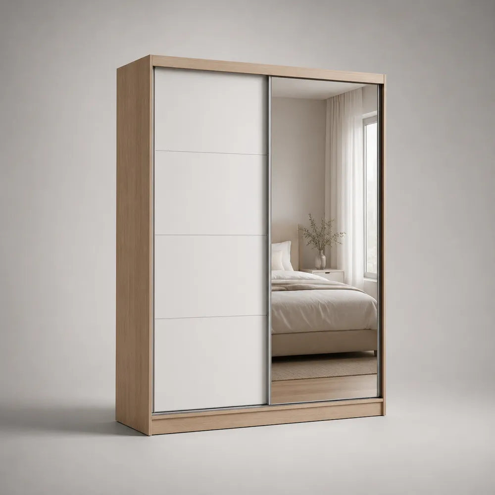 Armoire 2 portes coulissantes 180 x 60 x 200 cm en MDF effet chêne clair avec miroir forme rectangulaire