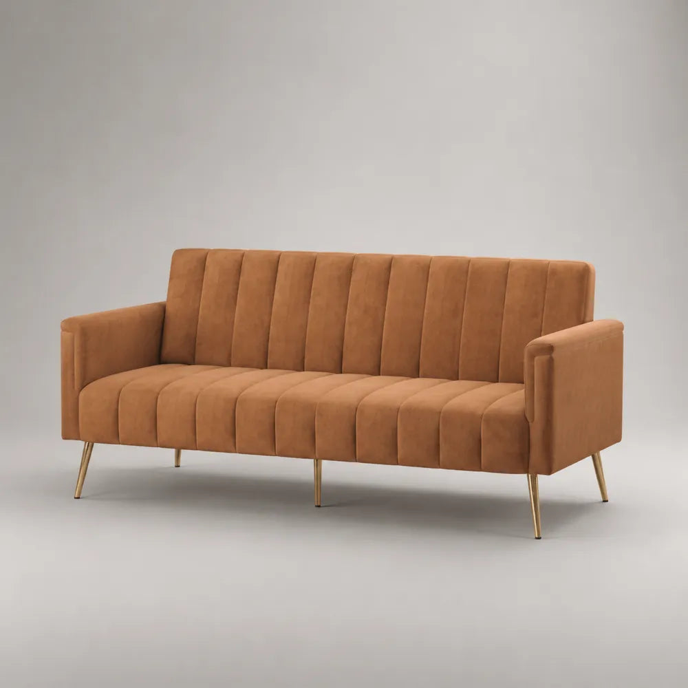 Canapé 3 places en velours polyester marron avec dossier capitonné et pieds en métal 210 x 85 x 85 cm