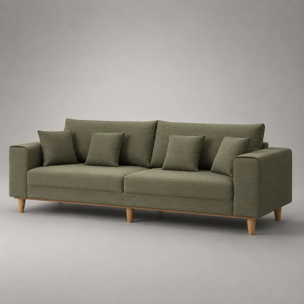 Canapé 3 places 240x90x85 cm en polyester vert avec coussins et pieds en bois