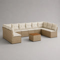Salon de jardin d'angle 9 places en résine tressée beige avec coussins blanc cassé et table basse plateau bois 360 x 250 x 75 cm