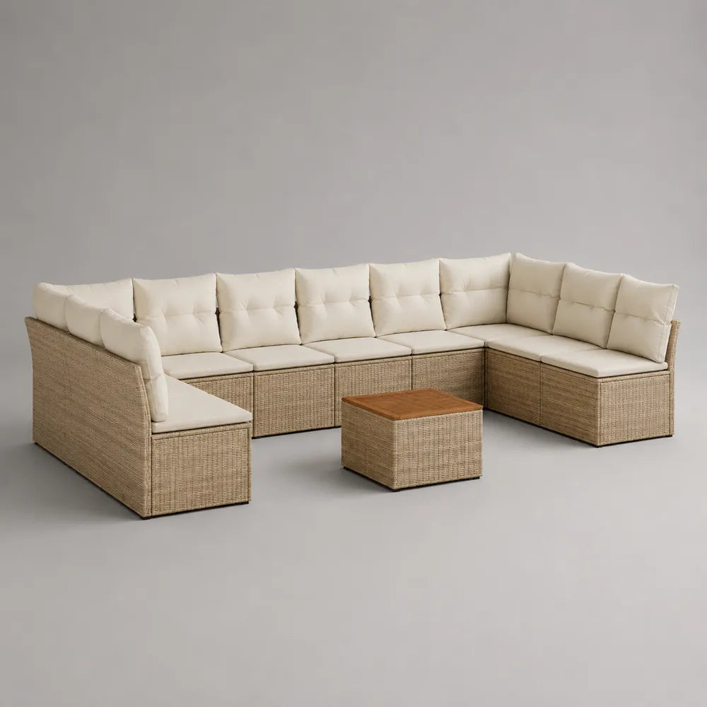 Salon de jardin d'angle 9 places en résine tressée beige avec coussins blanc cassé et table basse plateau bois 360 x 250 x 75 cm