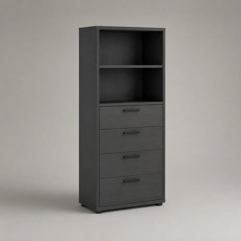Armoire bibliothèque 80x40x180 cm en MDF gris anthracite avec étagères et 4 tiroirs rectangulaire