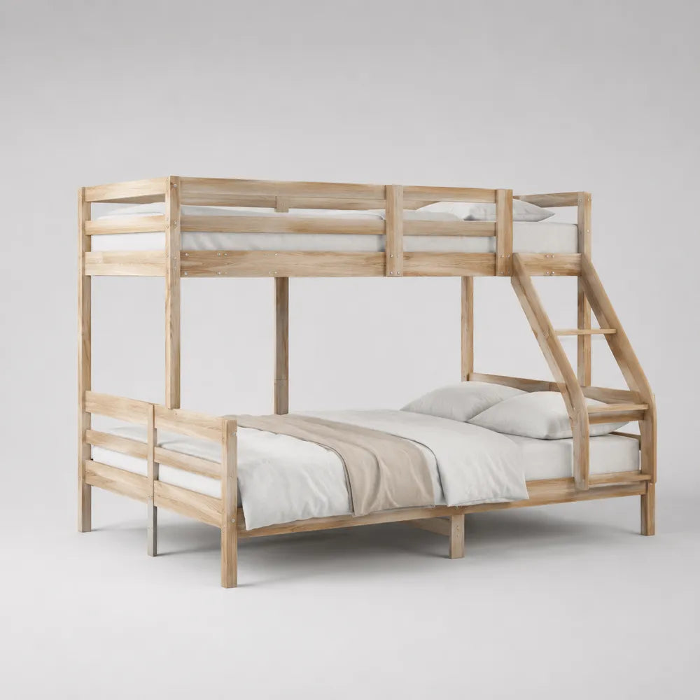 Lit superposé enfant 90x200 cm en bois massif beige avec échelle inclinée et barrières de sécurité